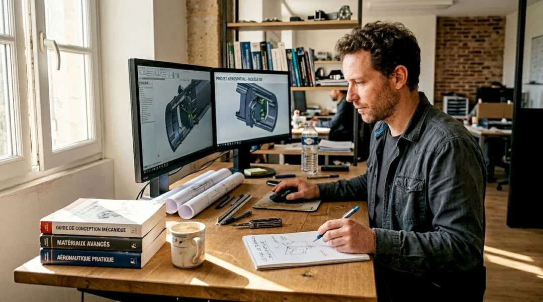 Un ingénieur analyse un fichier 3D sur son bureau.
