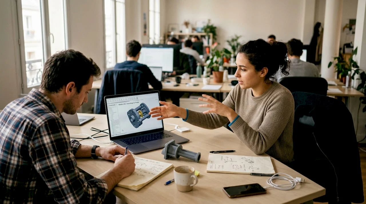 Des ingénieurs travaillent main dans la main sur un projet de conception assistée par ordinateur au sein d'une jeune startup.