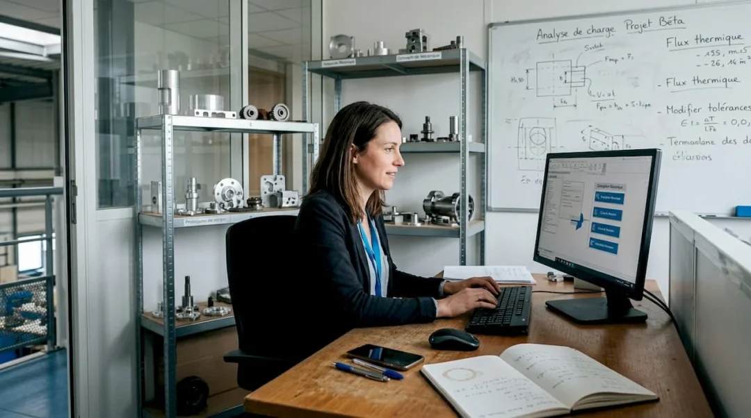 Une ingénieure au sein d’une PME en pleine séance de travail sur son ordinateur.