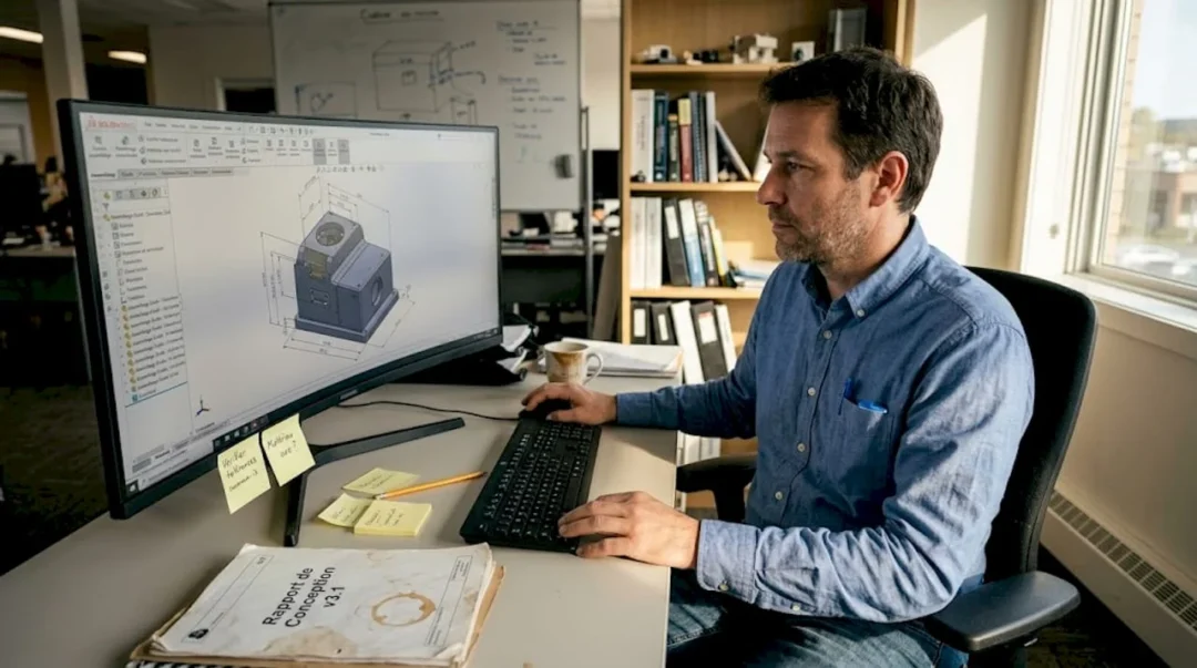 Un ingénieur en PME consulte les plans et maquettes CAO directement depuis le système de gestion de données techniques (PDM).