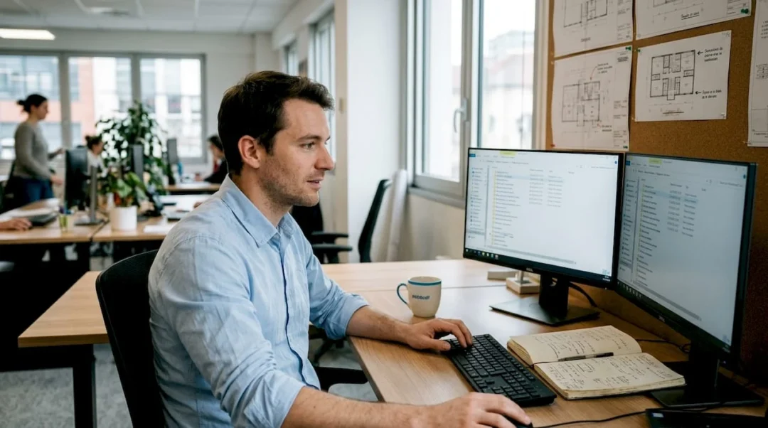 Un ingénieur en CAO optimise la gestion de ses fichiers grâce à un double écran.