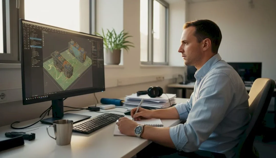 Ingénieur spécialisé en conception assistée par ordinateur, concentré sur son projet à son poste de travail.