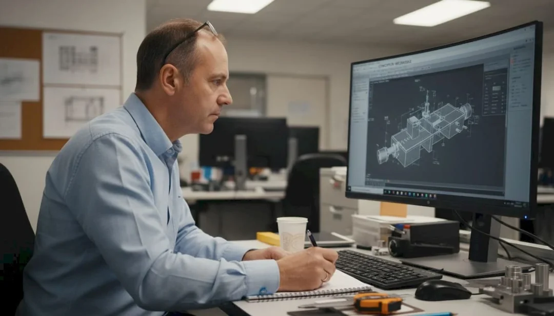 Un ingénieur examine les tolérances sur un modèle 3D à l’écran, en utilisant un logiciel de conception assistée par ordinateur.