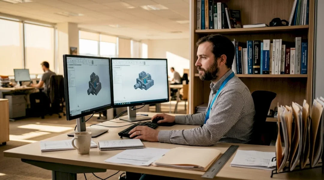 Un ingénieur spécialisé en conception assistée par ordinateur en train de travailler sur un modèle 3D dans son bureau.