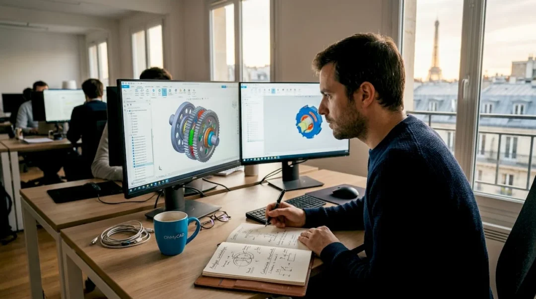 Un ingénieur passe en revue un modèle 3D sur son ordinateur, installé en plein cœur de l’open space.