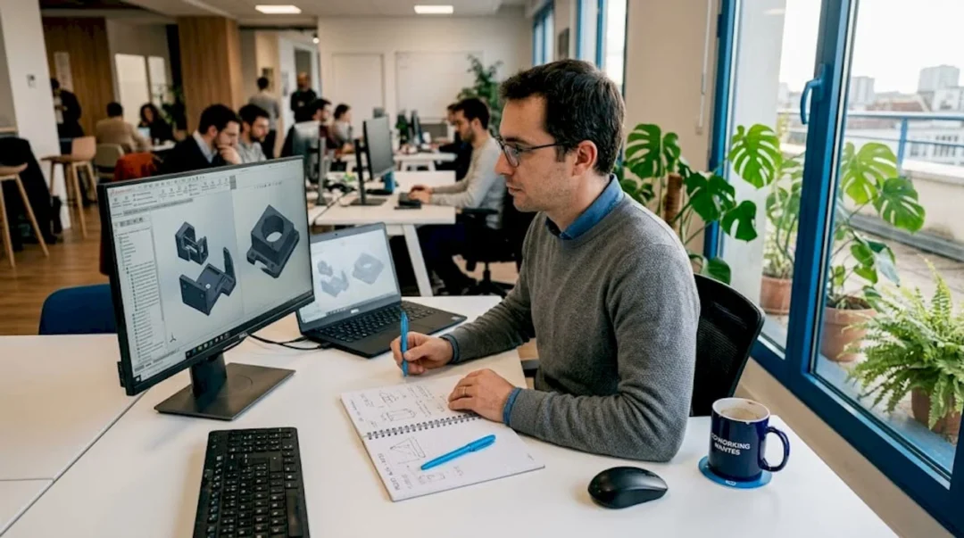 Un ingénieur passe en revue des modèles 3D sur son ordinateur.