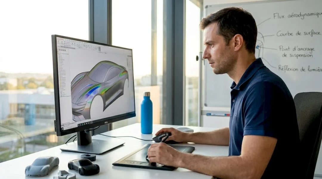 1778211579457_Engineer-adjusting-car-surface-in-CAD-studio Un ingénieur modélise la carrosserie d’une voiture sur un logiciel de conception assistée par ordinateur.