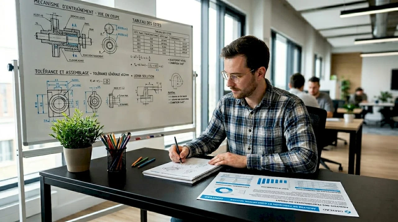 Un ingénieur concentré devant son ordinateur, en train de travailler sur un projet avec un logiciel de conception assistée par ordinateur.