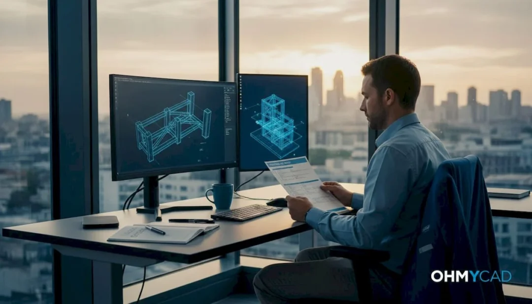 Le responsable 3D passe en revue sa checklist sur son bureau, attentif à chaque détail avant de valider le projet.